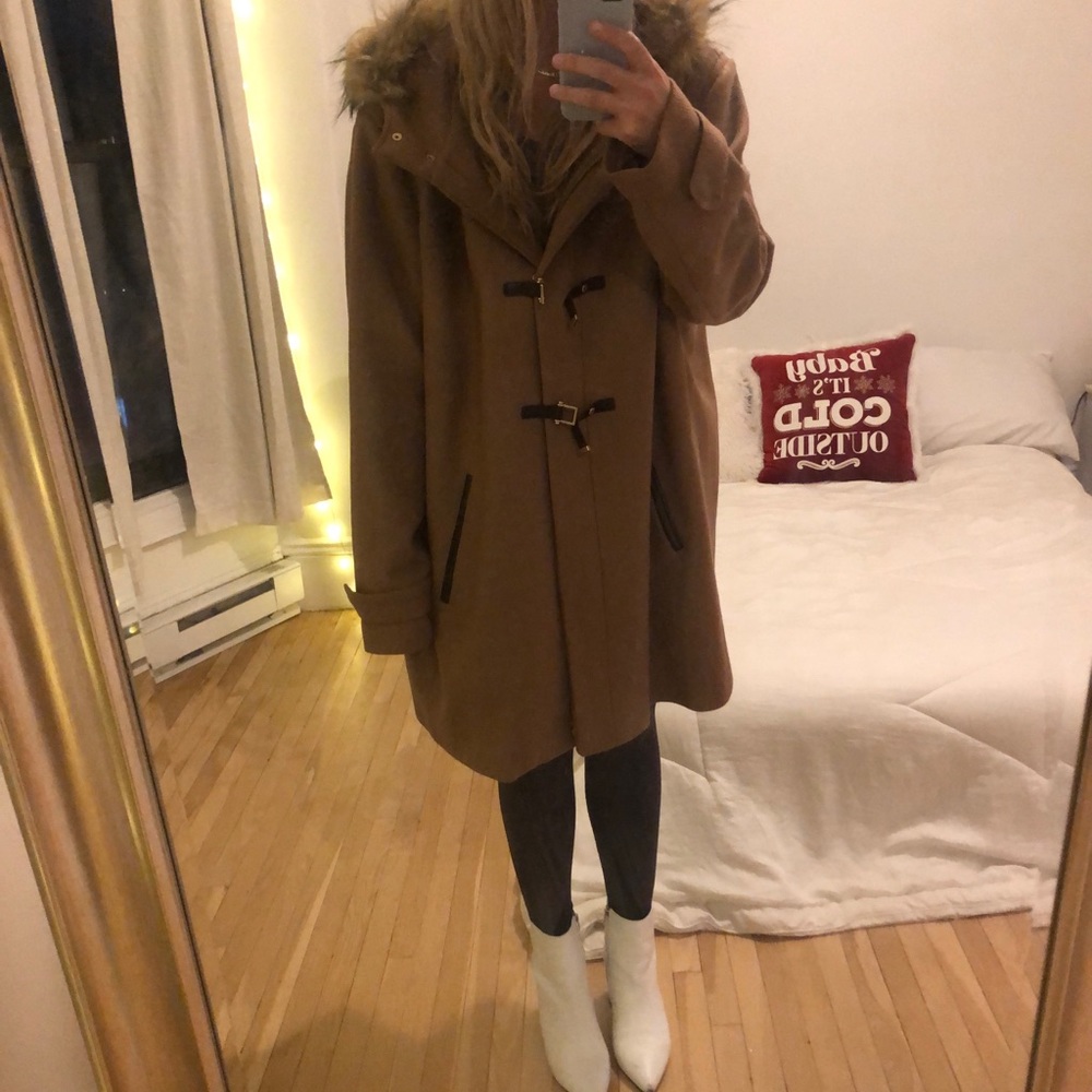 Cole Haan Wool Blend Faux Fur Trim Hooded Coat